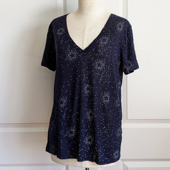 Rails Tee Linen Blend Star Print V-Neck Short Sleeve Semi Sheer Navy White M NWT - Picture 8 of 11